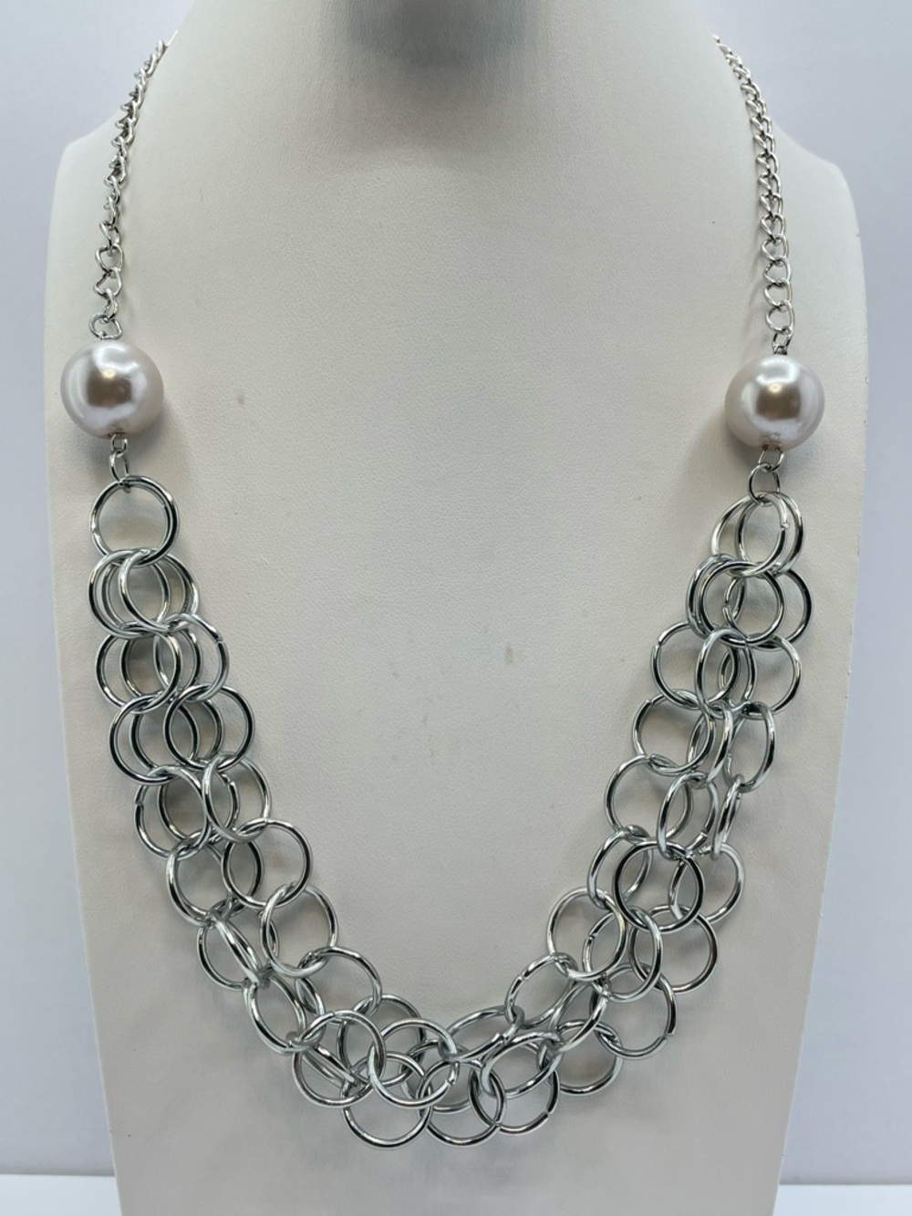 Silver Tone Faux Pearl Statement Necklace Chunky Link Chain Bold Modern